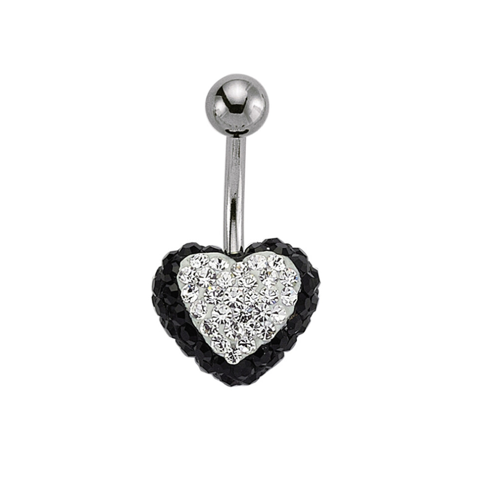 Jewelco London Stainless Steel Noir Black White Crystal Love Heart Disco Ball Banana Belly Bar - GBB19