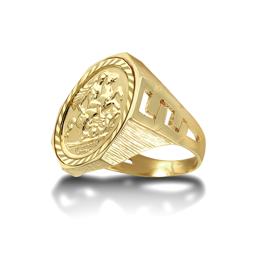 (S) Jewelco London Men's Solid 9ct Gold Curb Links Octagon St George & Dragon Medallion Ring (Full Sov Size)