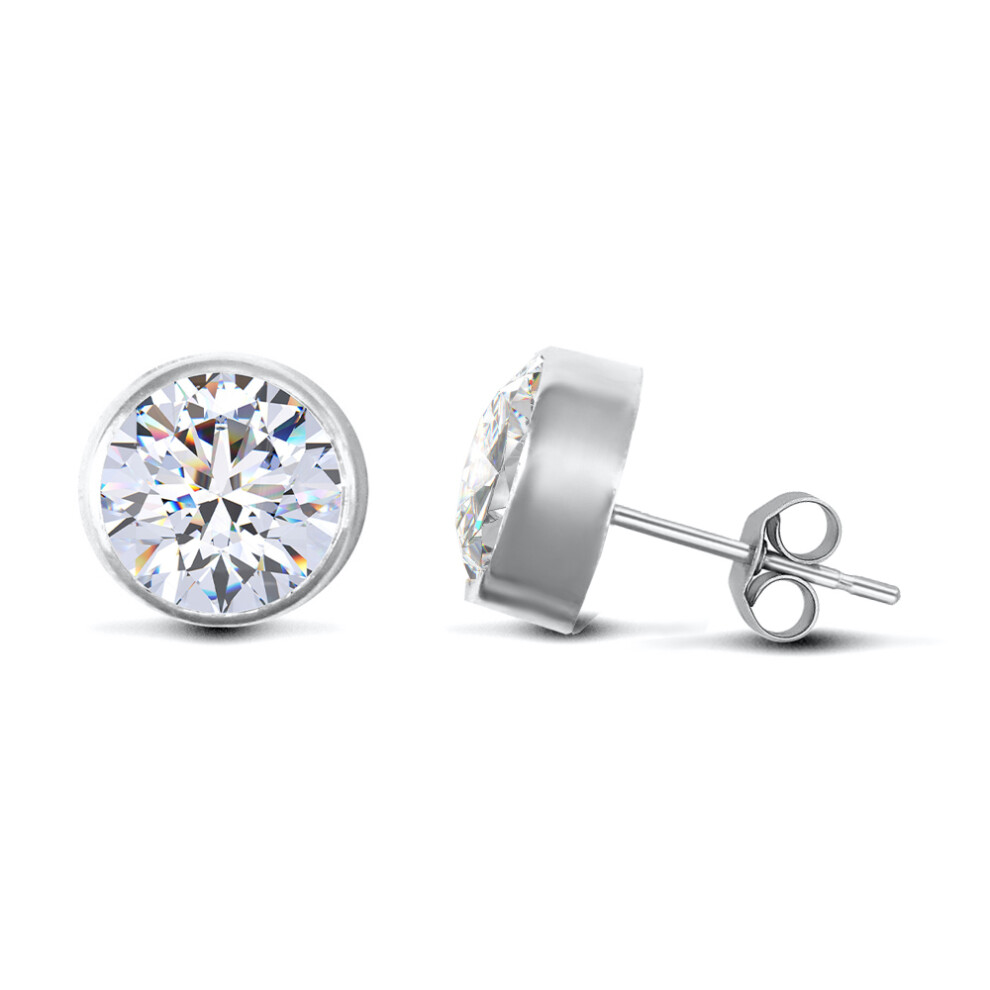 Jewelco London 9ct White Gold White Round Brilliant Cubic Zirconia Rub Over Solitaire Stud Earrings, 7mm - JES160