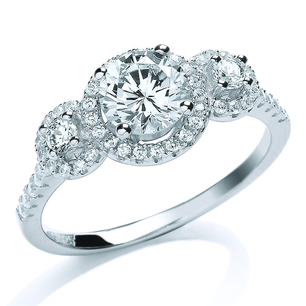(R) Jewelco London Ladies Rhodium Plated Sterling Silver Cubic Zirconia Halo Trilogy Engagement Ring