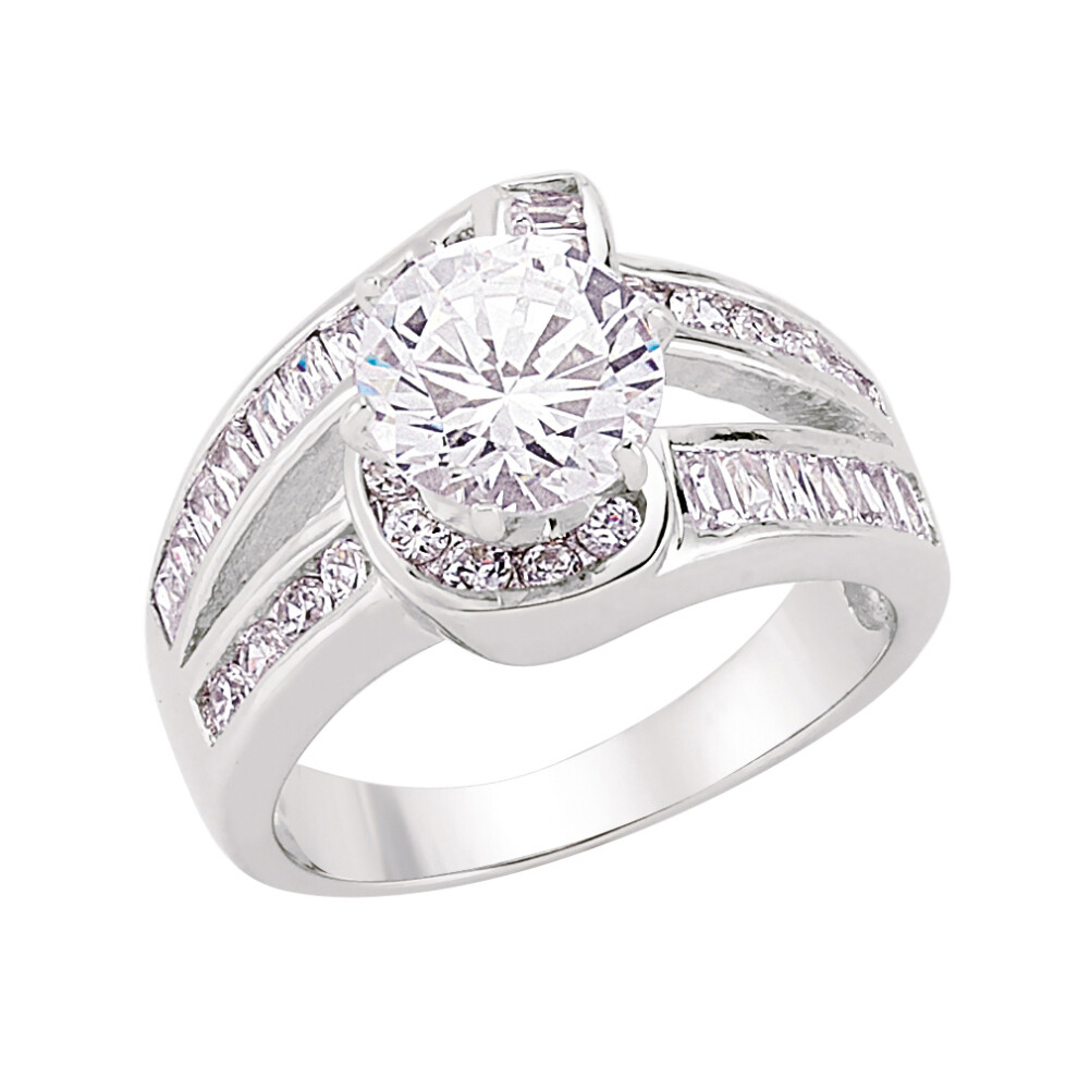 (M) Jewelco London Ladies Rhodium Plated Sterling Silver Baguette Cubic Zirconia Crossover Twist Solitaire Engagement Ring