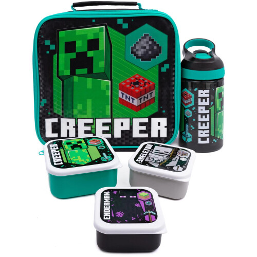 Minecraft Creeper Lunch Bag & Bottle Pack of 5 - Officially Licensed, Insulated, BPA Free, 473ml, Includes 3 Snack Pots