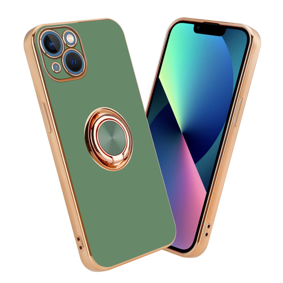 (Glossy Light Green - Gold) Cadorabo Case for Apple iPhone 13 MINI with ring Protective Cover made of flexible TPU silicone, with camera protection and magnetic car holder