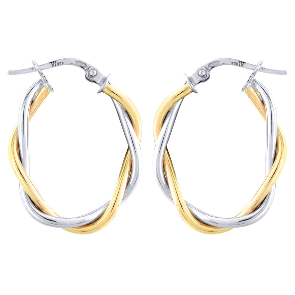 Jewelco London Ladies 9ct White Yellow Gold Oval Weave Twist Hoop Earrings - 25x20mm - ERNR02754