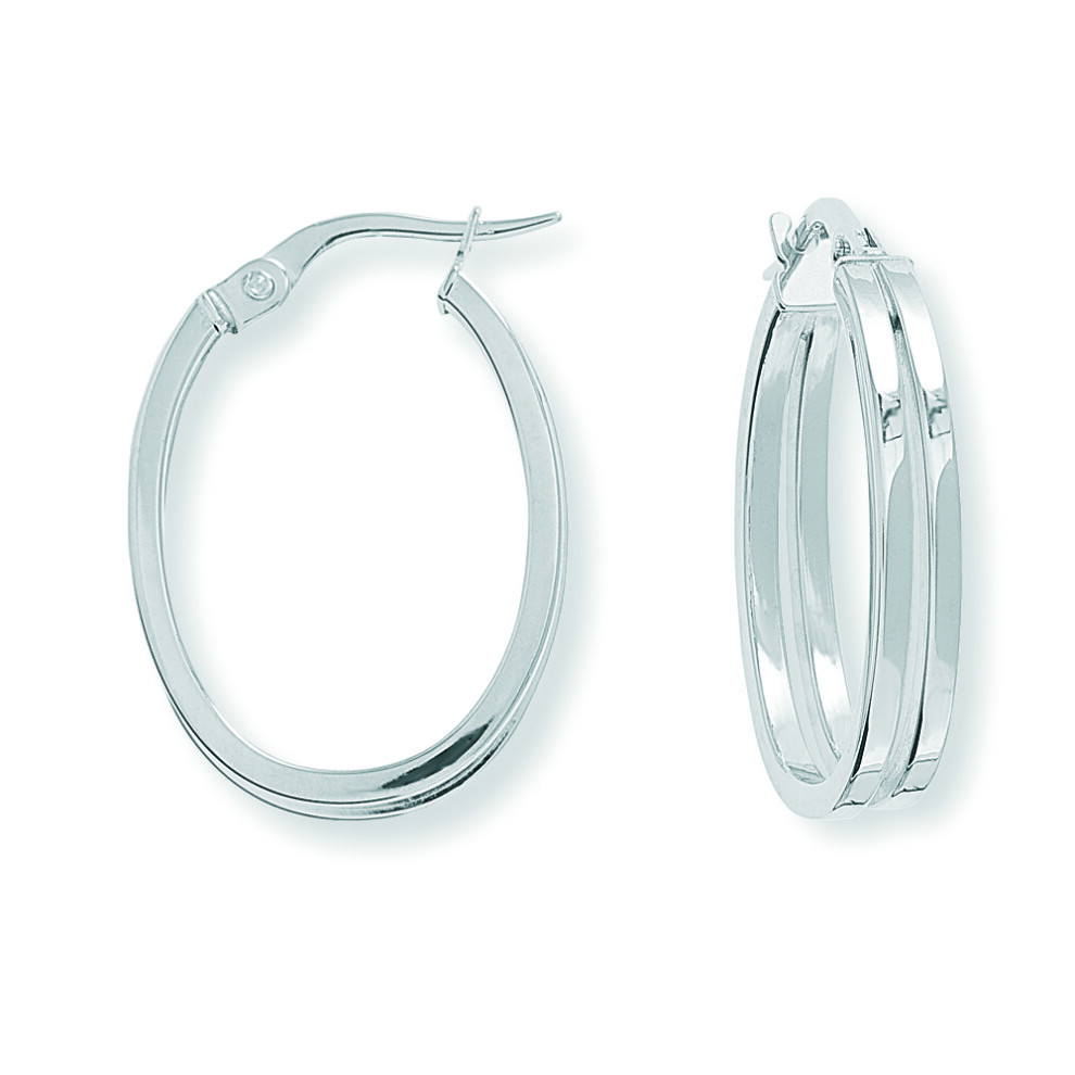 9ct White Gold  Split Square Tube Plain Oval Hoop Earrings 17x24mm - ERNR02673