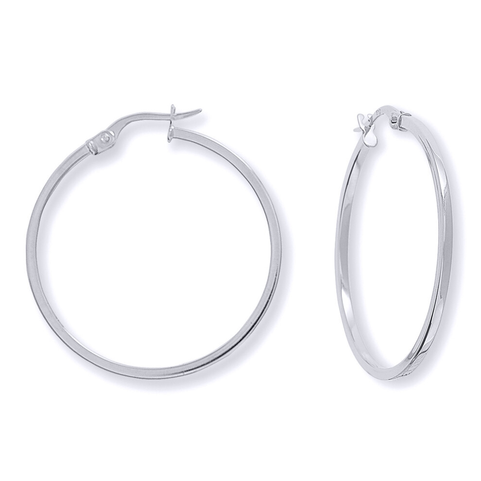 Jewelco London Ladies 9ct White Gold 1.5mm Square Tube Round Hoop Earrings 30mm - ERNR02671