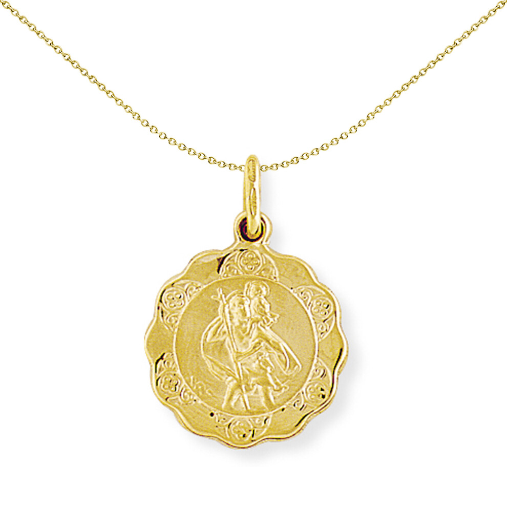 Jewelco London 9ct Gold Round Scallop St. Christopher Medallion Charm Pendant - 16mm - SCNR02060