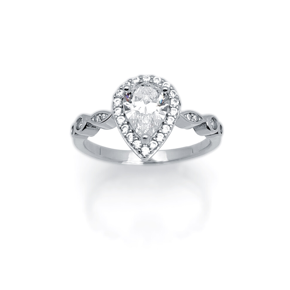 (K) Jewelco London Ladies Rhodium Plated Sterling Silver Round & Pear CZ Shoulder-set Halo Solitaire Engagement Ring - ARN134