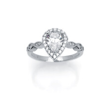 (Q) Jewelco London Ladies Rhodium Plated Sterling Silver Round & Pear CZ Shoulder-set Halo Solitaire Engagement Ring - ARN134