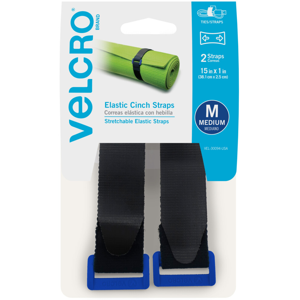 VELCRO(R) Brand Elastic Cinch Strap 15"X1" 2/Pkg-Black 30094