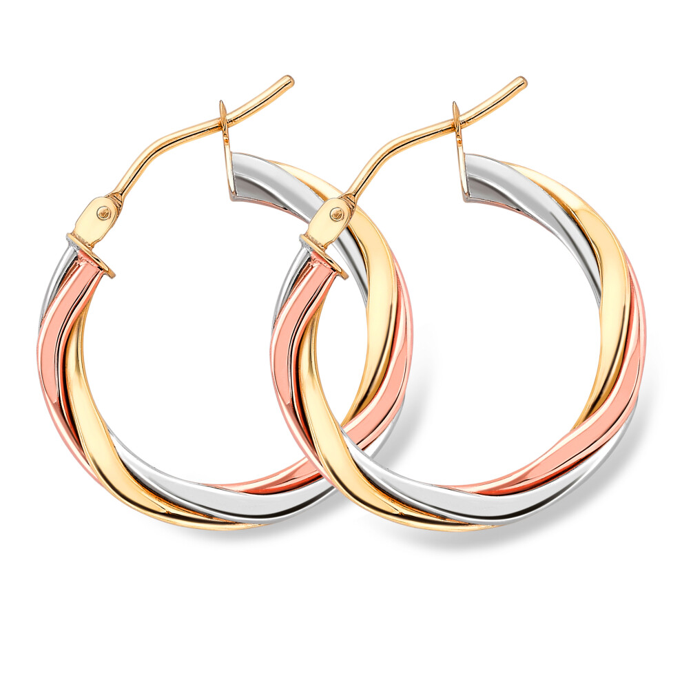 Jewelco London 9ct 3 Colour Gold Russian Wedding Ring Twist Hoop Earrings 2mm - ERNR02525