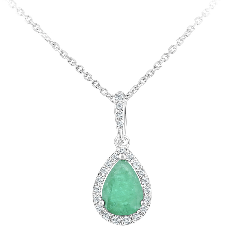 Jewelco London 9ct White Gold Round 8pts Diamond Pear 0.6ct Emerald Teardrop Pendant Necklace 16 inch 42cm - DP1AXL618WEM