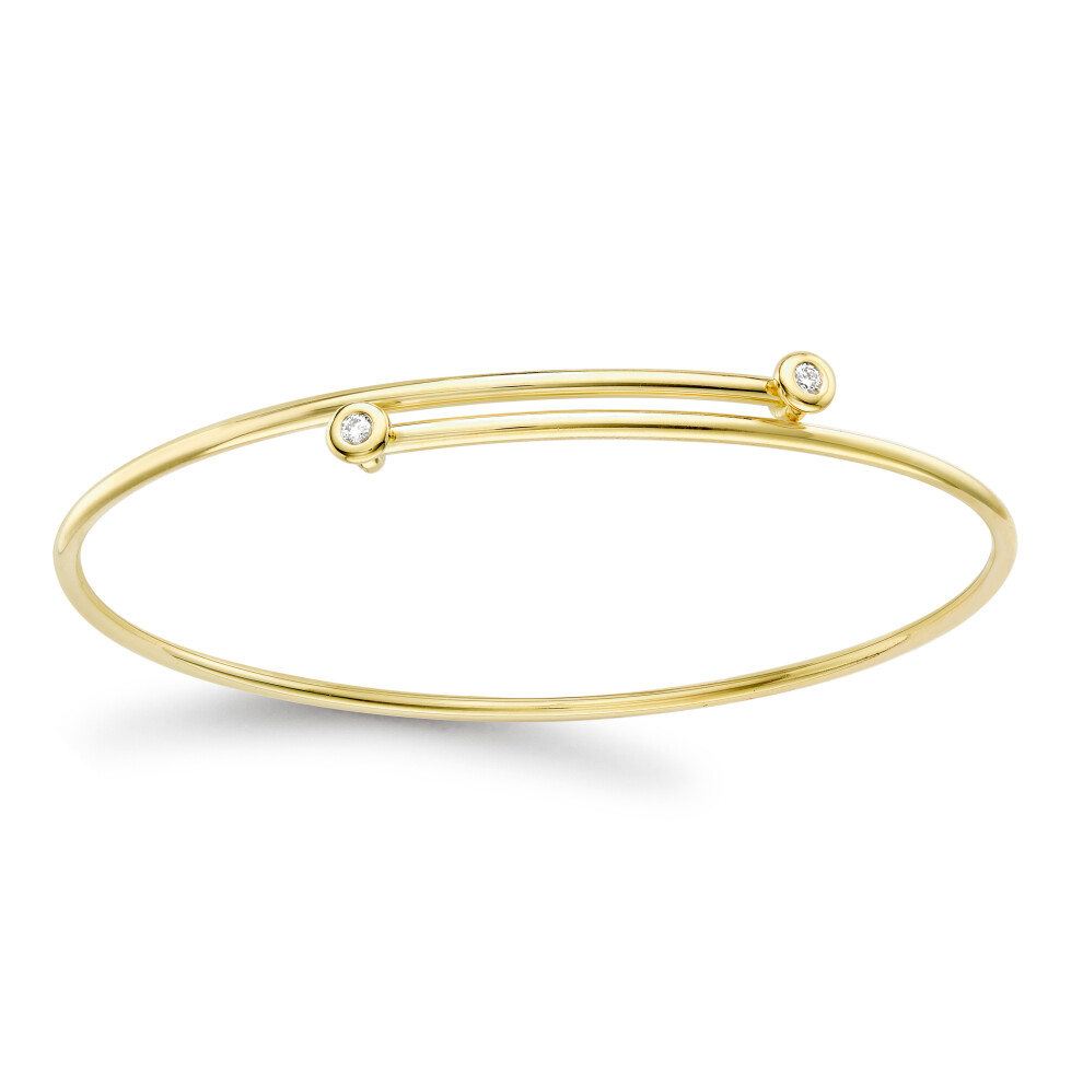 Jewelco London 18ct Yellow Gold Diamond Twin Donut Solitaire Crossover Bangle Bracelet 1.5mm 5pts - BGNR02078