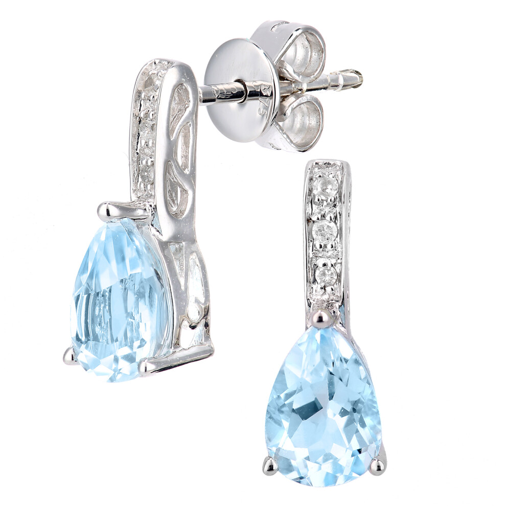 Jewelco London 9ct White Gold Round 3pts Diamond Pear 1ct Blue Topaz Teardrop Drop Earrings - DE1AXL602WBT