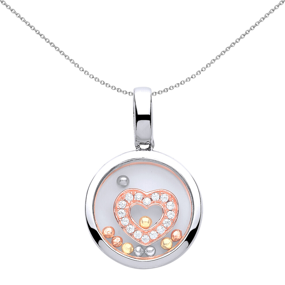 Jewelco London Ladies Rose Gold-Plated Sterling Silver Cubic Zirconia Floating Bead Love Heart Pendant Necklace 18 inch - GVP427