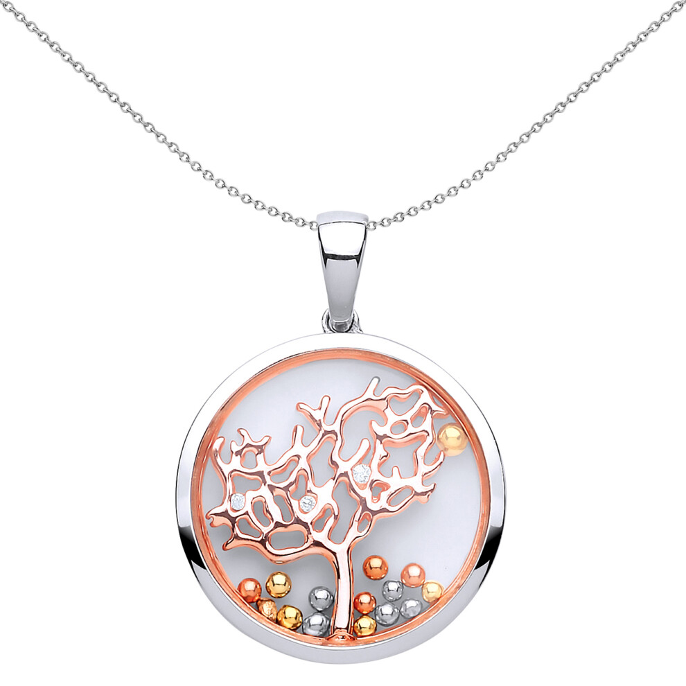 Jewelco London Rose Gold-Plated Sterling Silver Cubic Zirconia Floating Bead Tree of Life Pendant Necklace 18 inch - GVP429
