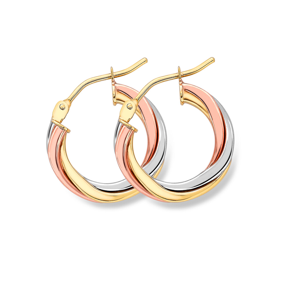 Jewelco London 9ct 3 Colour Gold Russian Wedding Ring Twist Hoop Earrings 2mm - ERNR02524