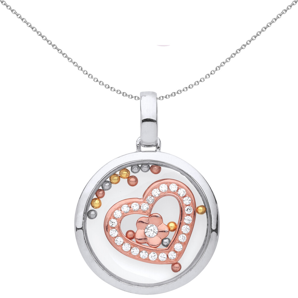 Jewelco London Ladies Rose Gold-Plated Sterling Silver Cubic Zirconia Floating Bead Love Heart Pendant Necklace 18 inch - GVP428