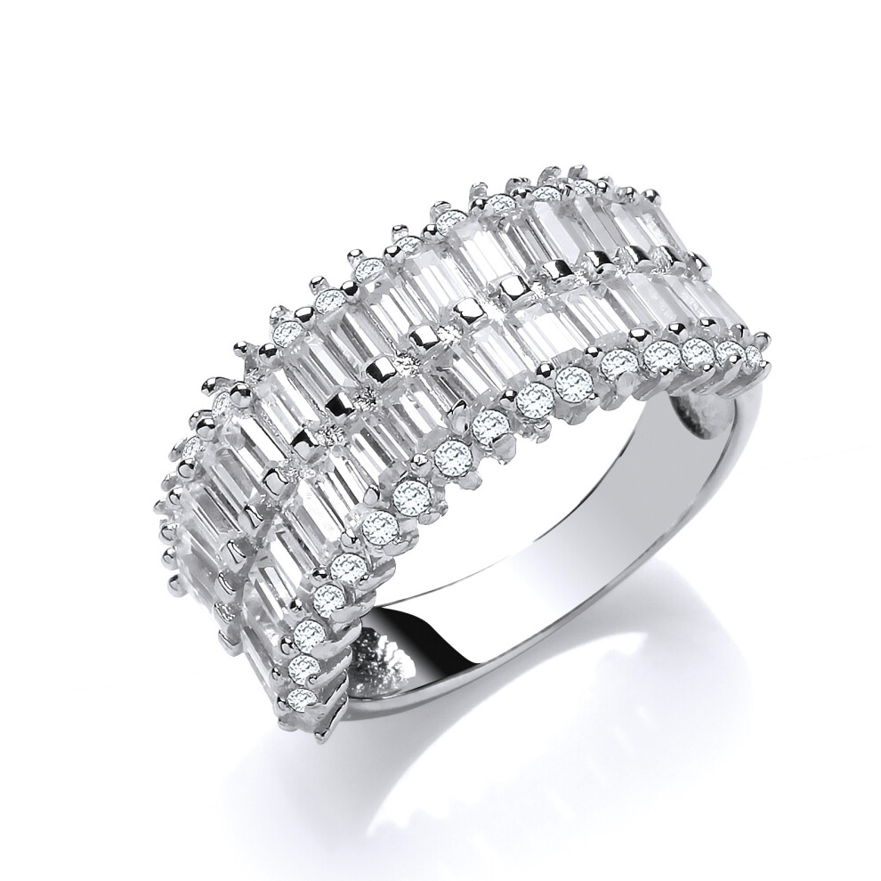 (L) Jewelco London Ladies Rhodium Plated Sterling Silver baguette Cubic Zirconia 3 Row Channel Eternity Ring