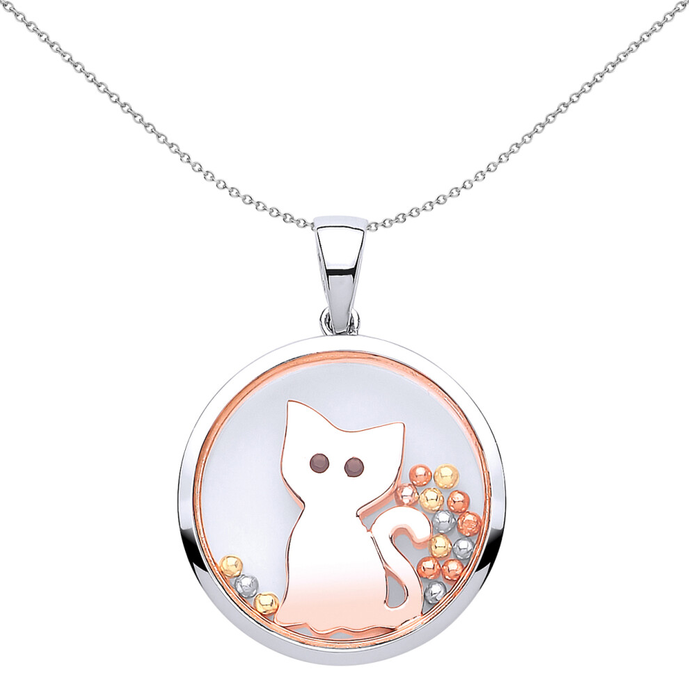 Jewelco London Ladies Rose Gold-Plated Sterling Silver black Cubic Zirconia Floating Bead Kitty Cat Pendant Necklace 18 inch - GVP432