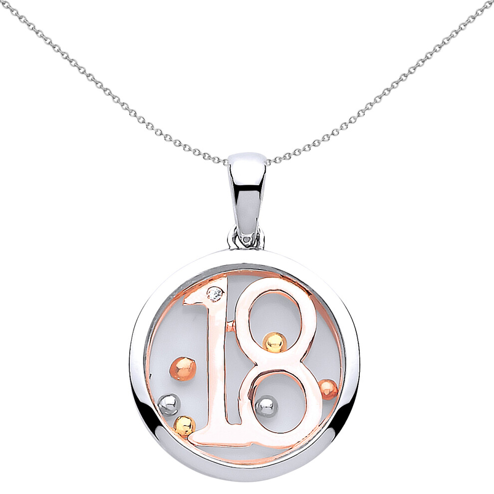 Jewelco London Ladies Rose Gold-Plated Sterling Silver Cubic Zirconia Floating Bead 18 Birthday Pendant Necklace 18 inch - GVP433