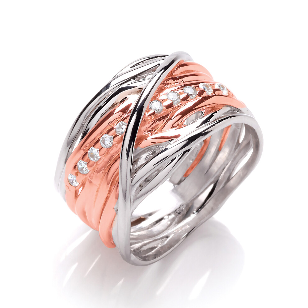 (R) Jewelco London Ladies Rose Gold-Plated Sterling Silver Cubic Zirconia Tree Roots Crossover Eternity Ring