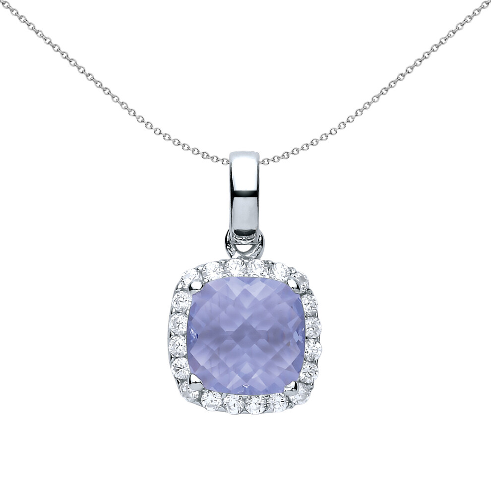 Jewelco London Ladies Sterling Silver Lilac Square Cushion Cubic zirconia Solitaire Halo Charm Necklace 18 inch - GVP437AQ
