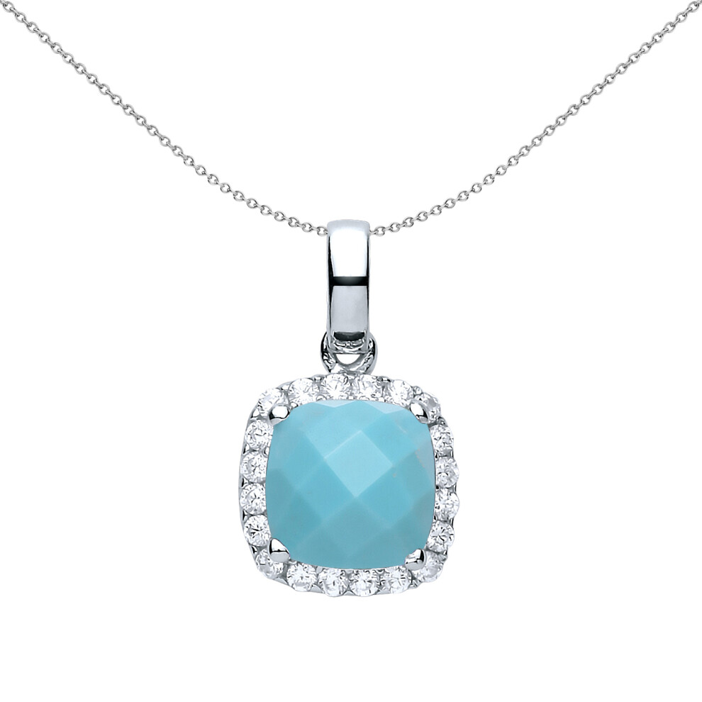 Jewelco London Ladies Sterling Silver Aqua Square Cushion Turquoise Solitaire Halo Charm Necklace 18 inch - GVP437TQ