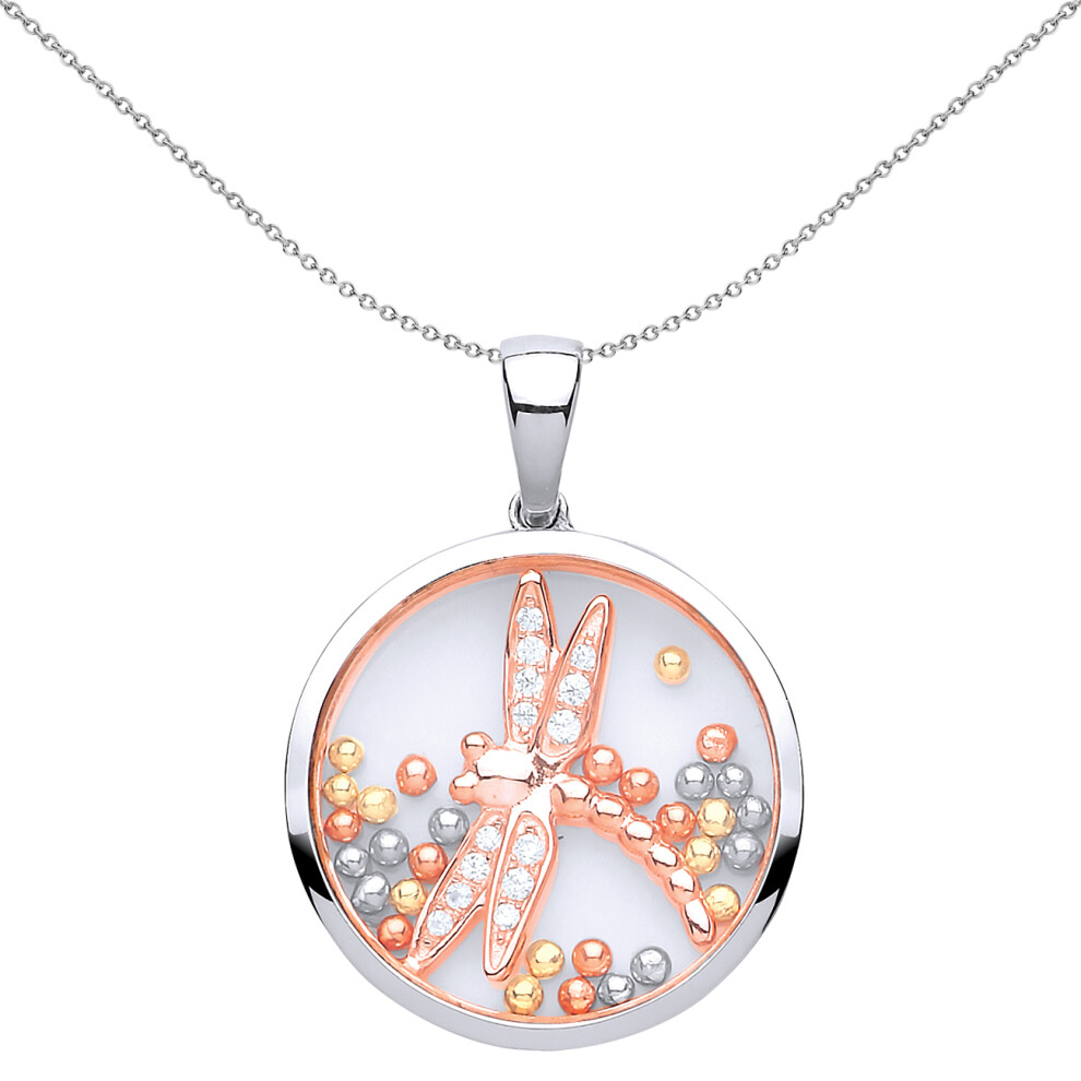 Jewelco London Ladies Rose Gold-Plated Sterling Silver Cubic Zirconia Floating Bead Dragonfly Pendant Necklace 18 inch - GVP430