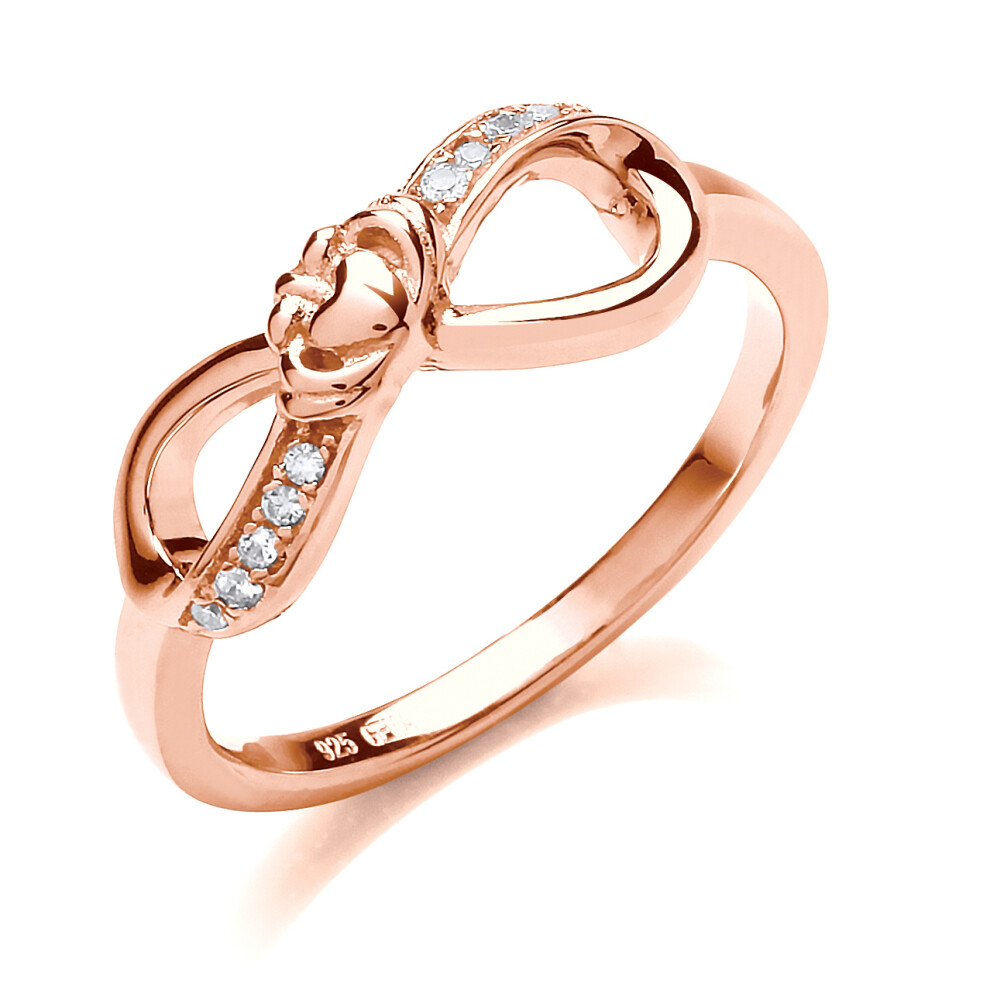 (Q) Jewelco London Ladies Rose Gold-Plated Sterling Silver Cubic Zirconia Claddagh Bow Infinity Dress Ring