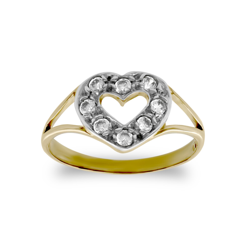 (C) Jewelco London Girls Solid 9ct Yellow Gold White Round Brilliant Cubic Zirconia Love Heart Split Shoulders Baby Ring