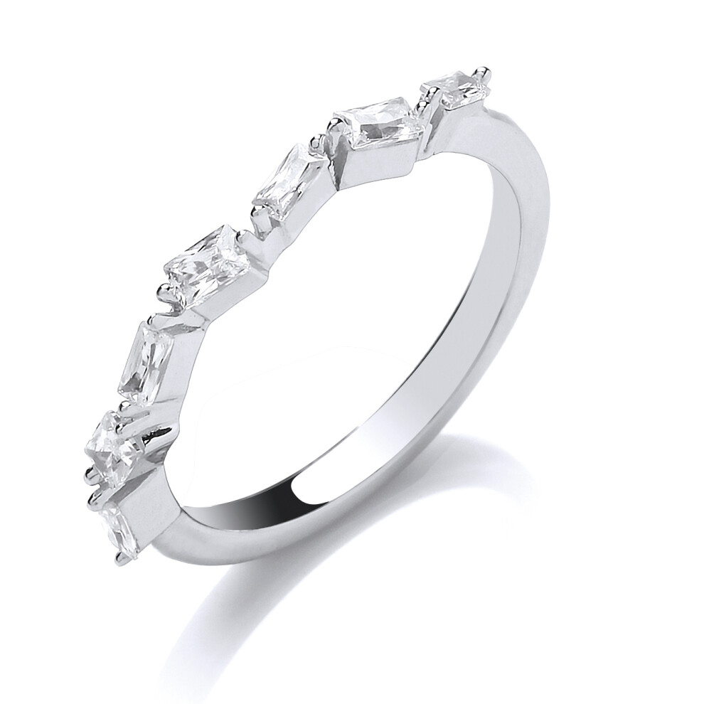 (Q) Jewelco London Ladies Rhodium Plated Sterling Silver baguette Cubic Zirconia Zig Zag Art Deco Eternity Ring