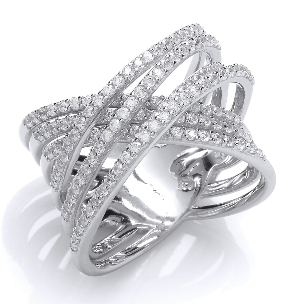 (M) Jewelco London Ladies Rhodium Plated Sterling Silver Cubic Zirconia Pave Bridge Crossover Eternity Ring