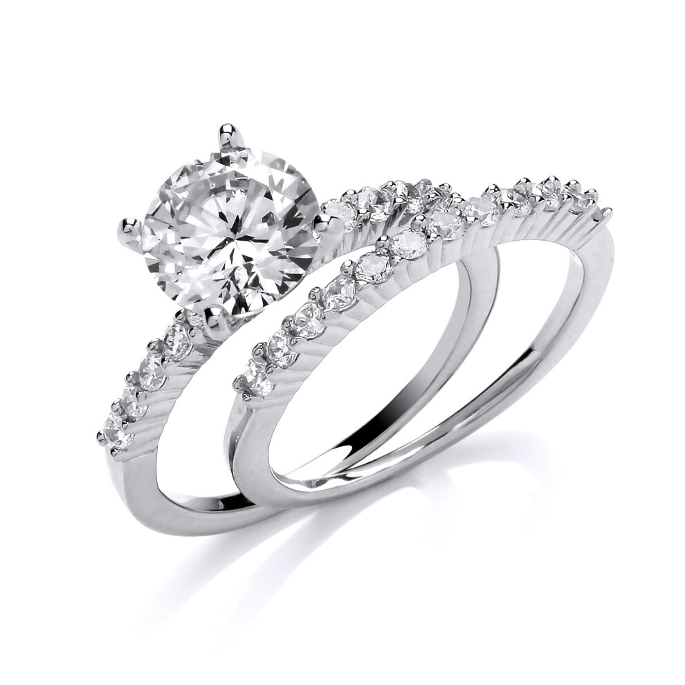 (L) Jewelco London Ladies Rhodium Plated Sterling Silver Cubic zirconia Wedding Band Bridal Rings Set