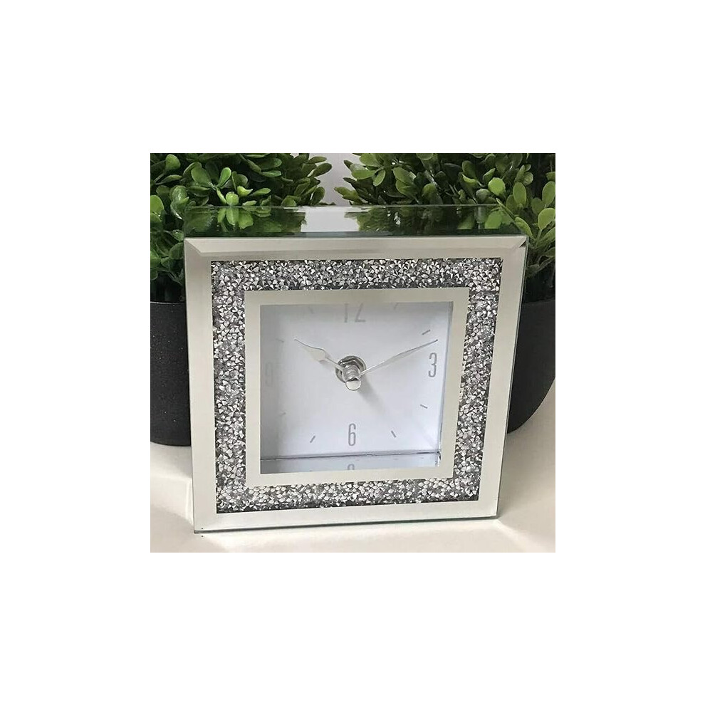 SERENA'S Square Crushed Diamante Mantle Clock Glass Mirrored DeskTable