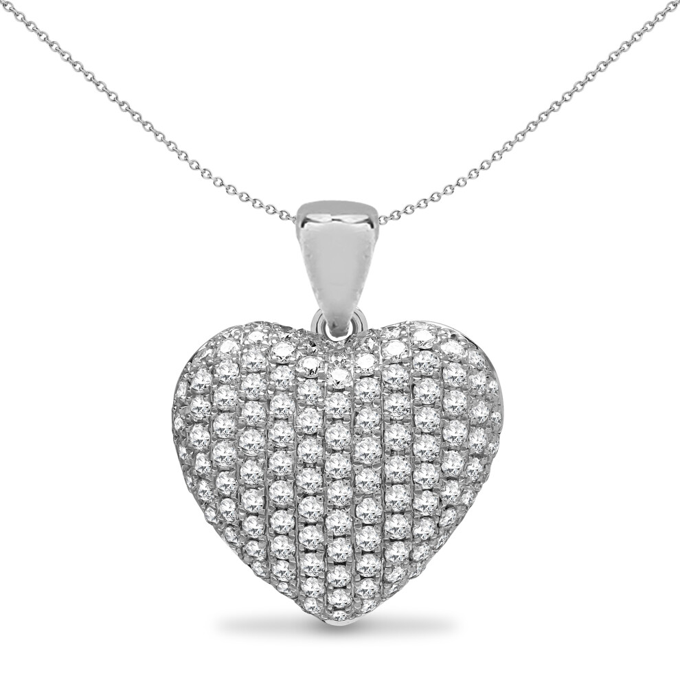 Jewelco London Solid 18ct White Gold Pave Set Round G SI1 0.66ct Diamond Domed Love Heart Cluster Pendant - 18P279