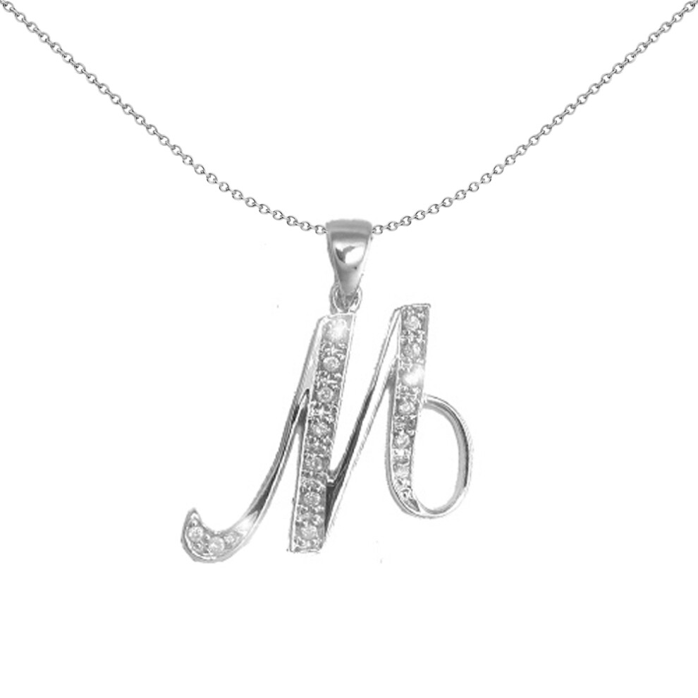 Jewelco London 9ct White Gold Pave Set Round G SI 0.09ct Diamond Identity Script Initial ID Charm Pendant Letter M - 9P060-M