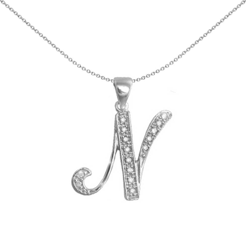 9ct White Gold  Diamond Script Initial ID Charm Pendant Letter N - 9P060-N