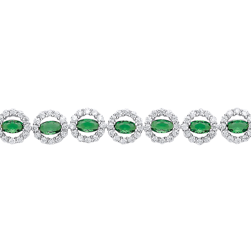 Jewelco London Ladies Sterling Silver Emerald-Green oval Cubic zirconia Alternating Halo Tennis Bracelet 7mm 7-7.5" - GVB329EM