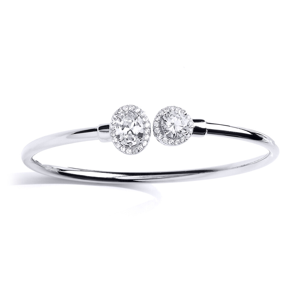 Jewelco London Sterling Silver oval Cubic zirconia Halo Torque Toi et Moi Bangle Bracelet 13mm - GVG194