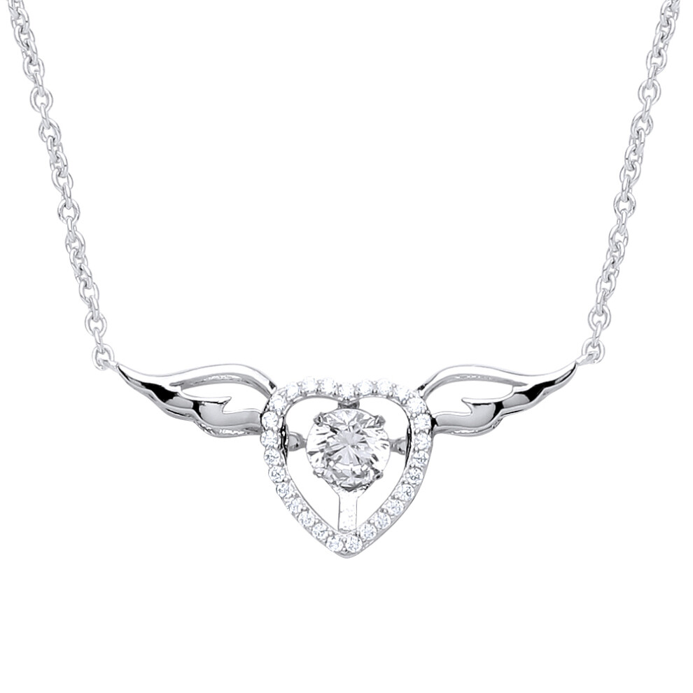Jewelco London Ladies Sterling Silver Cubic Zirconia Love Heart Angel Wings Charm Necklace 15 + 2 inch - GVK238