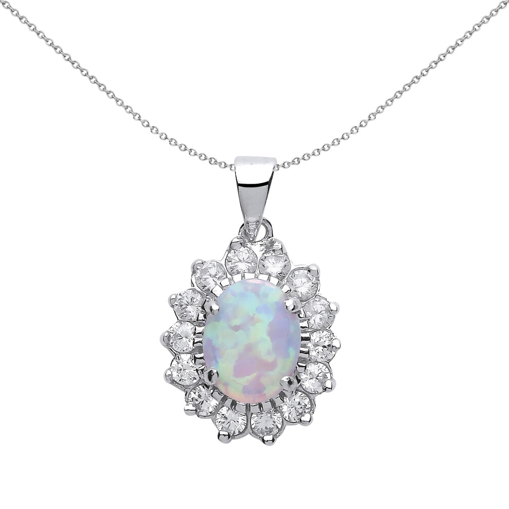Jewelco London Ladies Sterling Silver Oval Opal Royal Cluster Pendant Necklace 18 inch - GVP216OP