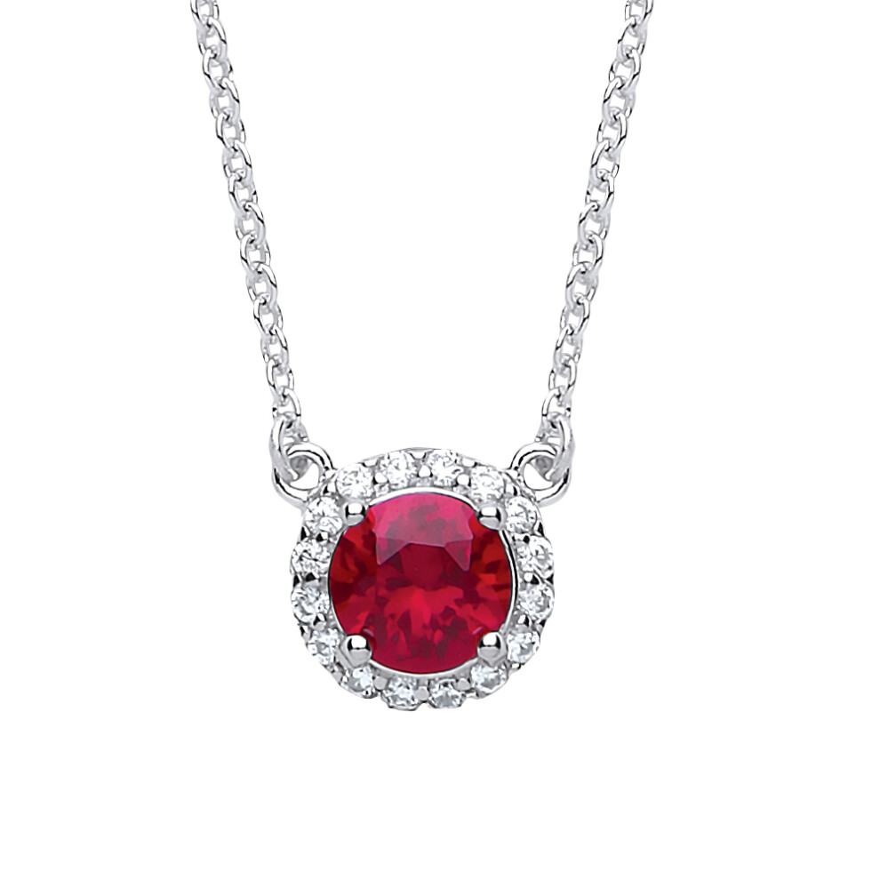 Jewelco London Ladies Sterling Silver Ruby-Red Cubic Zirconia Solitaire Halo Charm Necklace 15 + 2 inch - GVK158RUBY