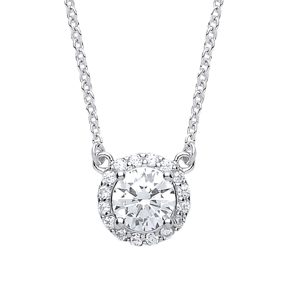 Silver  CZ Solitaire Halo Charm Necklace 15 + 2 inch - GVK158WH