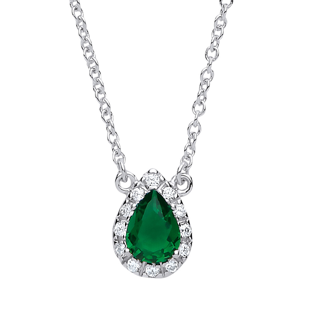 Jewelco London Ladies Sterling Silver Emerald-Green Pear Cubic zirconia Teardrop Halo Charm Necklace 16 + 2 inch - GVK159EM