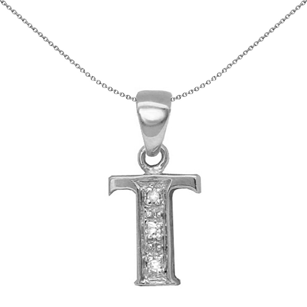 Jewelco London 9ct White Gold Pave Set Round H I2 0.02ct Diamond Identity Dainty Initial ID Charm Pendant Letter T - 9P052-T