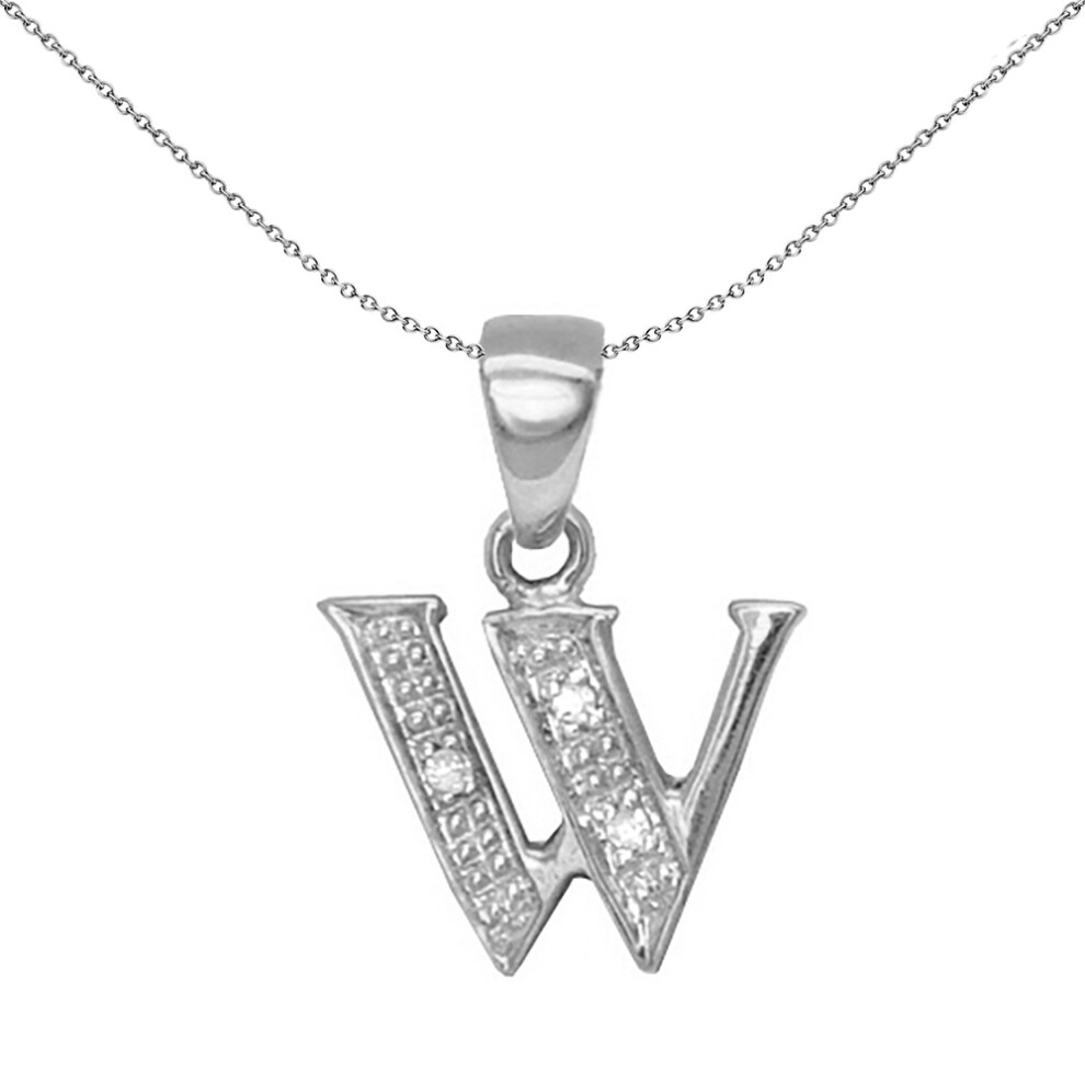 Jewelco London 9ct White Gold Pave Set Round H I2 0.02ct Diamond Identity Dainty Initial ID Charm Pendant Letter W - 9P052-W