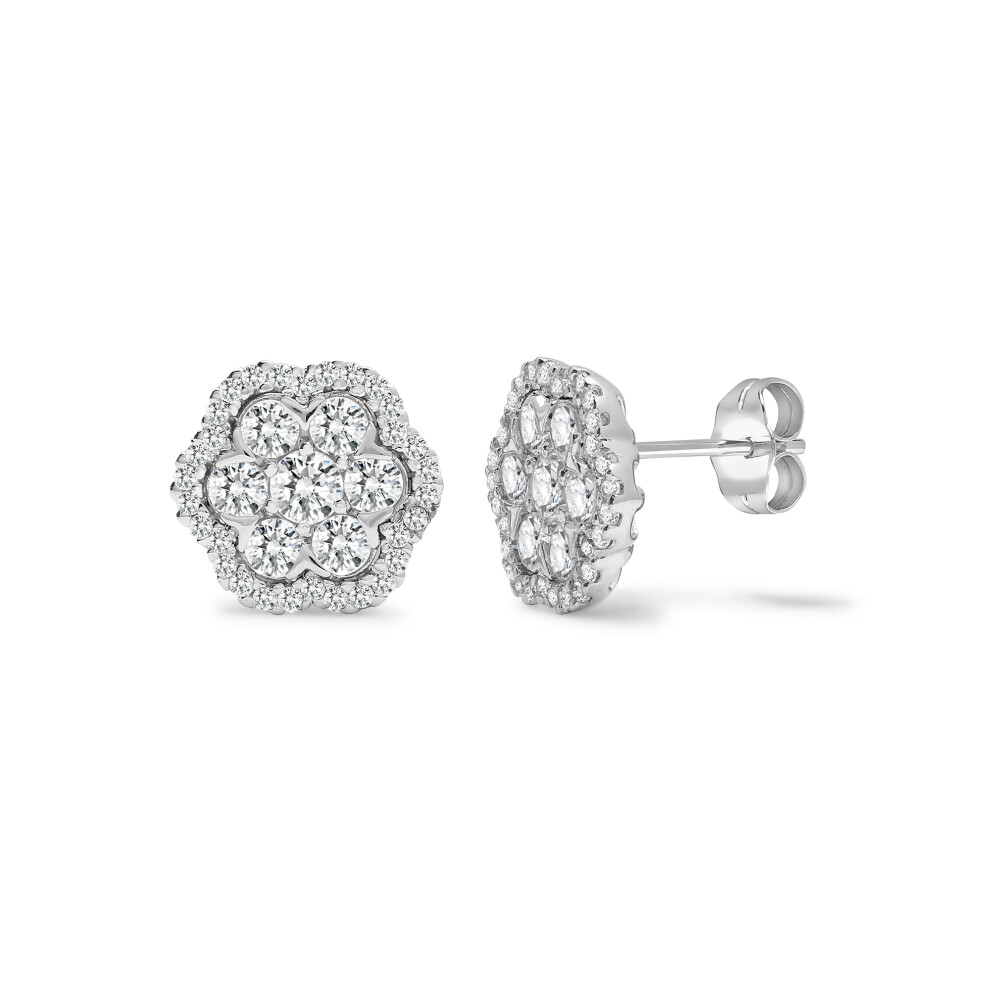 Jewelco London Solid 18ct White Gold Pave Set Round G SI1 1.26ct Diamond Snowflake Cluster Stud Earrings - 18E436