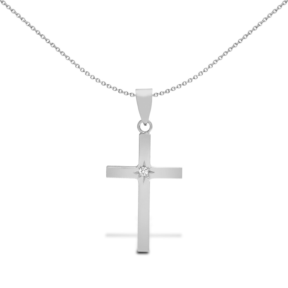 Jewelco London Solid 9ct White Gold Star Set Round I SI2 0.03ct Diamond Minimalist Solitaire Cross Pendant - 9X090