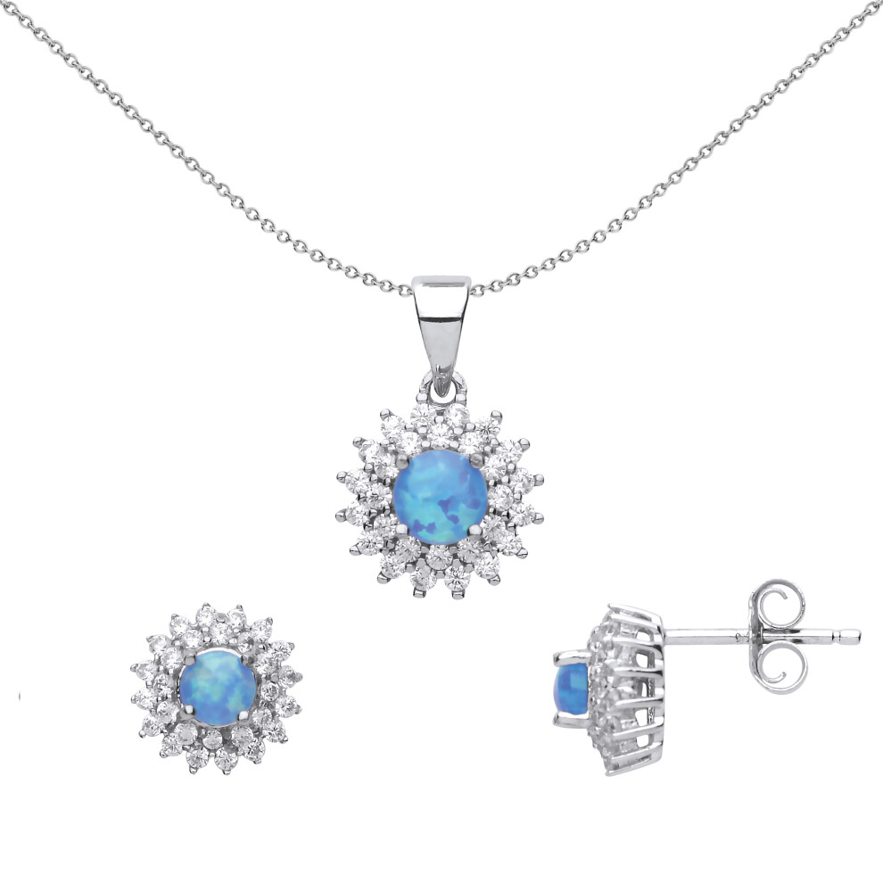 Jewelco London Ladies Sterling Silver Blue Opal Sunshine Cluster Solitaire Earrings Necklace Set - GSET607